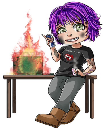 January Rayne Female Chibi with a laptop on fire