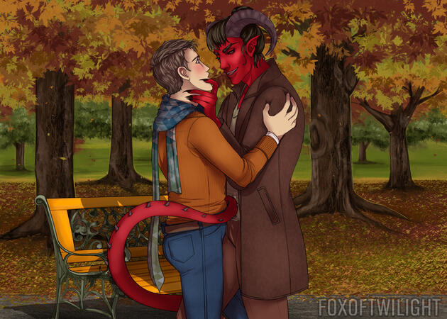 Clio Evans Illustration a red demon male and a human male in an embrace